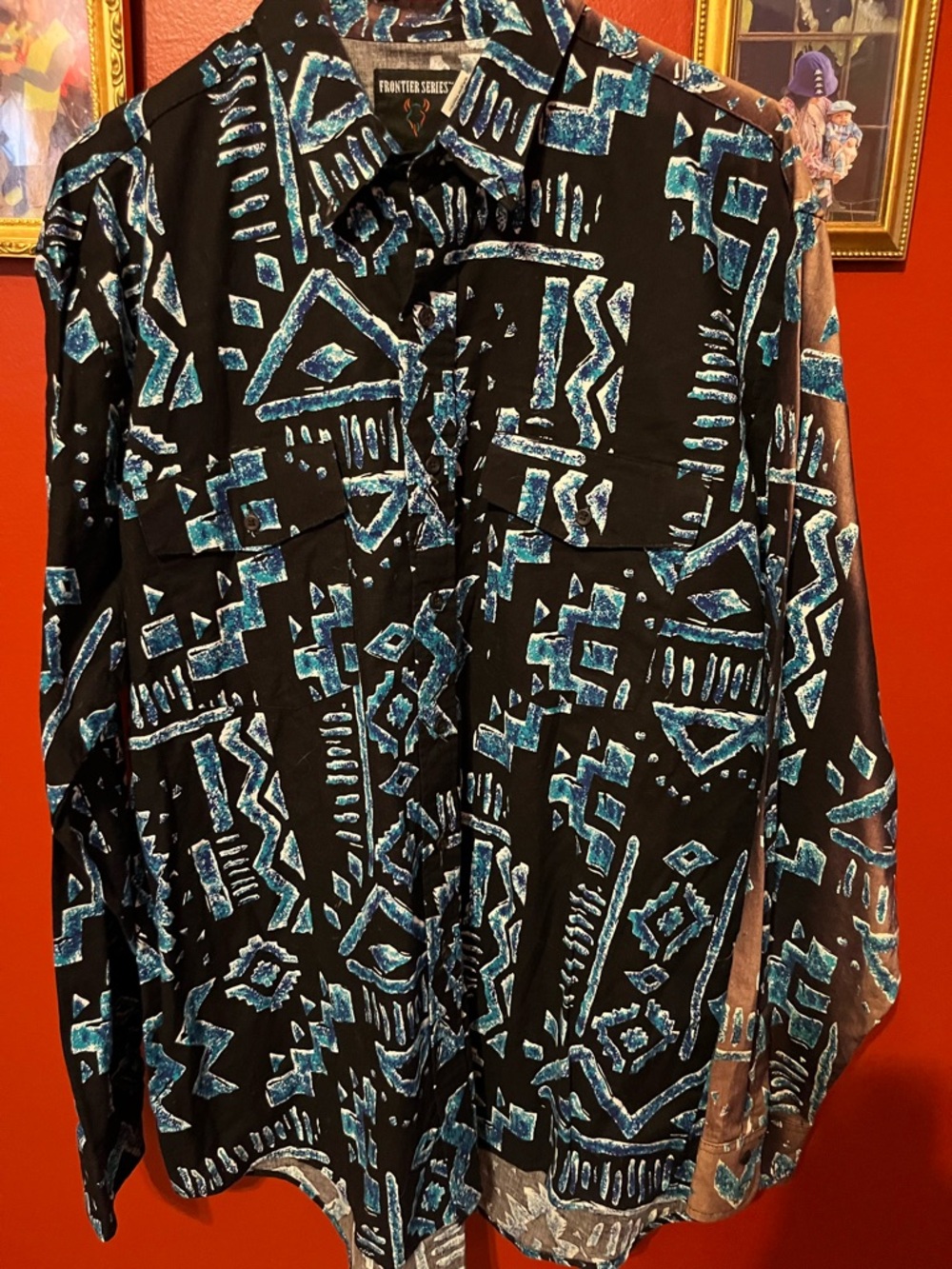 Frontier Series Men's Black Shirt Jacket with Teal Geometric Print